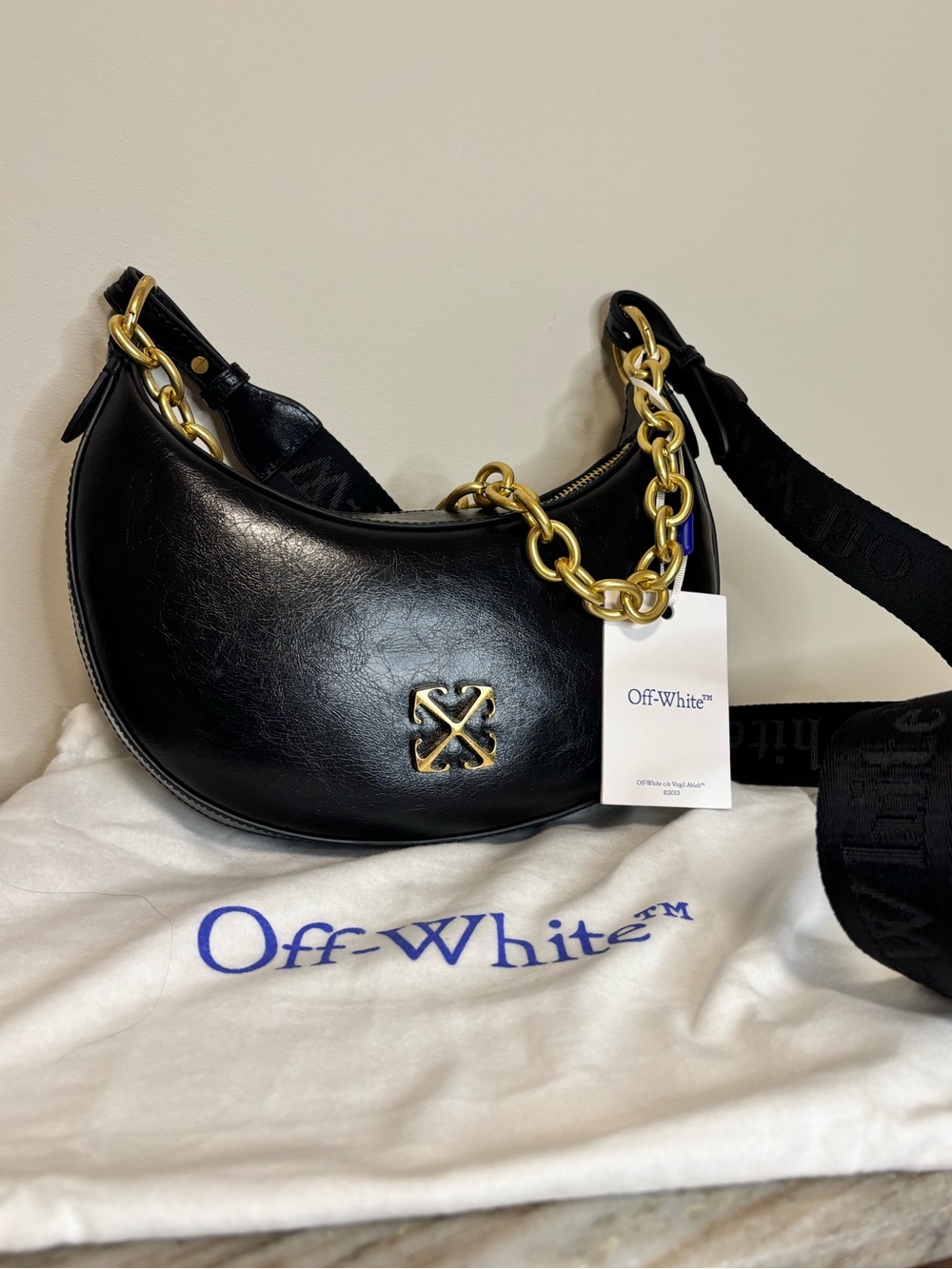 Off-White Hemisphere Black Leather Hobo Bag NWT
